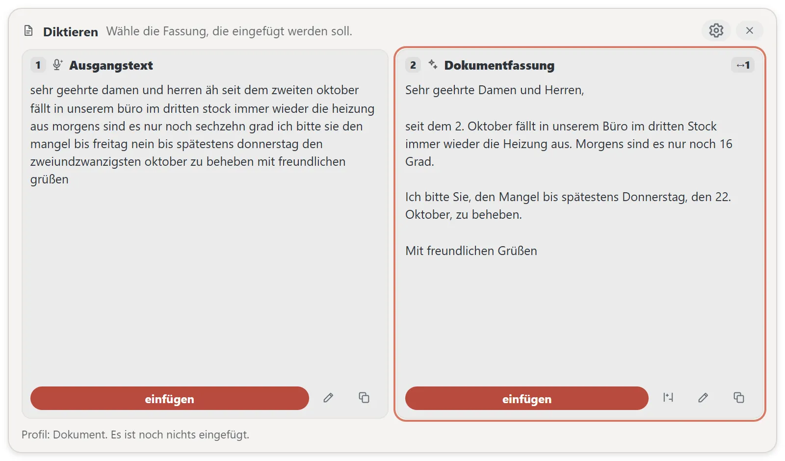 Vergleichsansicht von Sprachtaste mit einem Beispieldiktat: links der gesprochene Brief an eine Hausverwaltung mit „äh“, einer Korrektur von Freitag auf Donnerstag und ohne Satzzeichen, rechts die Dokumentfassung mit Anrede, zwei Absätzen und Gruß