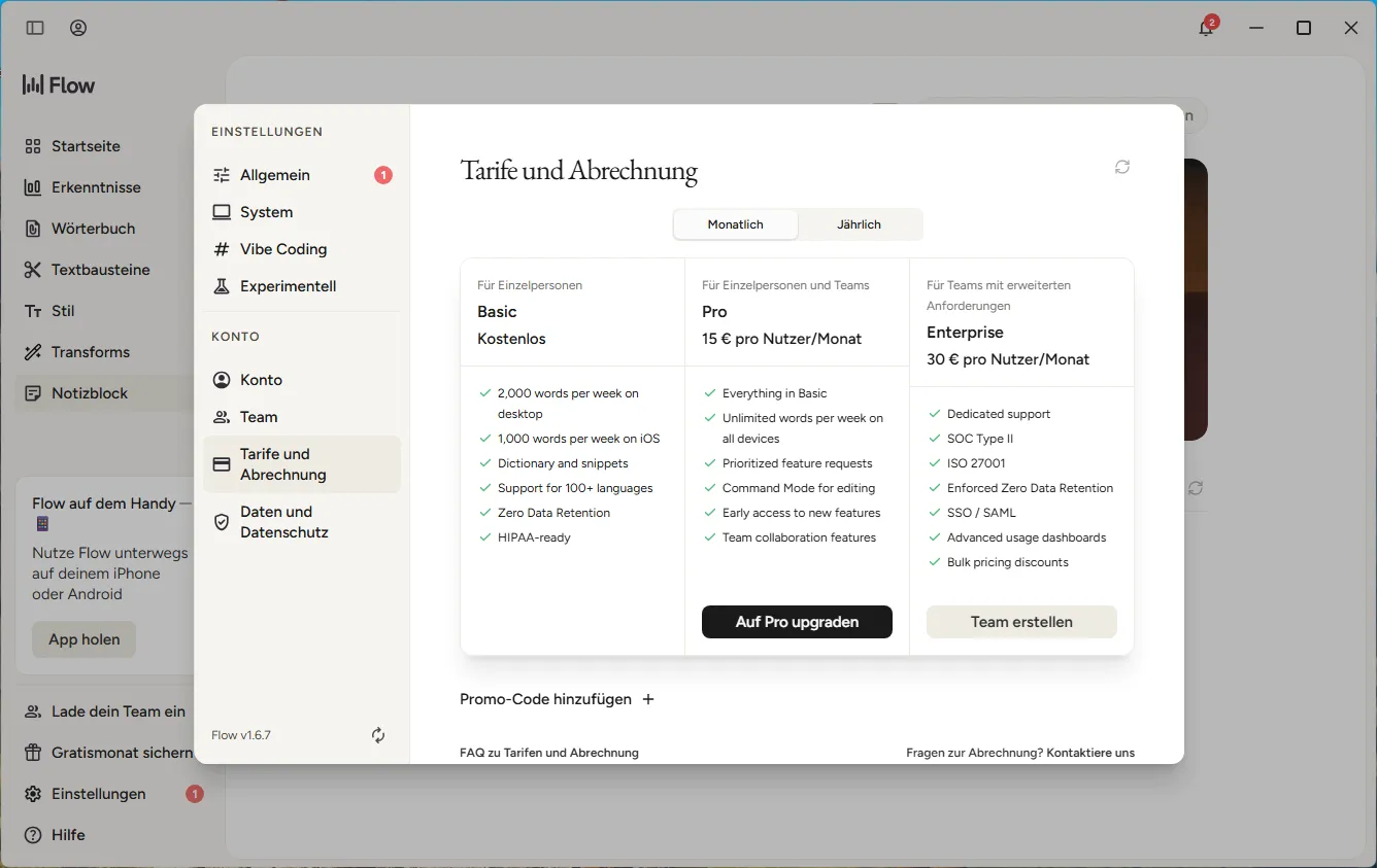 Tarifübersicht in der deutschen Wispr-Flow-Oberfläche: Basic kostenlos, Pro 15 € pro Nutzer/Monat, Enterprise 30 € pro Nutzer/Monat. Die Leistungsbeschreibungen darunter sind englisch