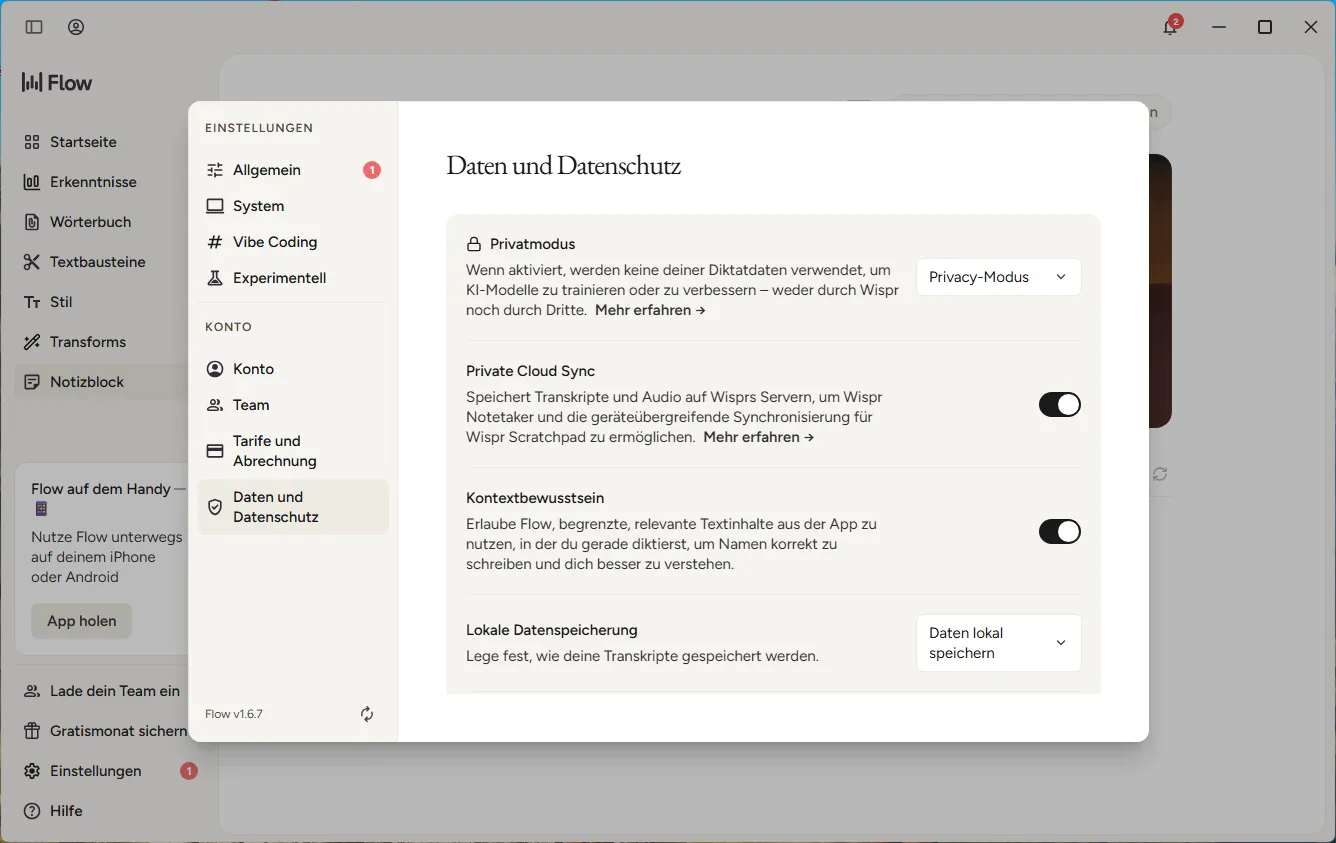 Deutsche Datenschutzeinstellungen in Wispr Flow: Privatmodus, Private Cloud Sync und Kontextbewusstsein als getrennte Schalter, Cloud Sync ist aktiviert