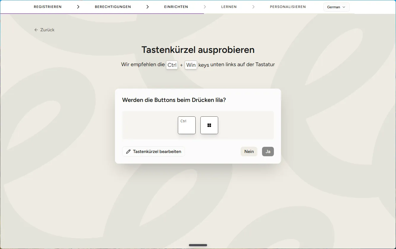 Deutscher Einrichtungsschritt in Wispr Flow: „Wir empfehlen die Ctrl + Win keys unten links auf der Tastatur“. Das Wort „keys“ ist unübersetzt geblieben