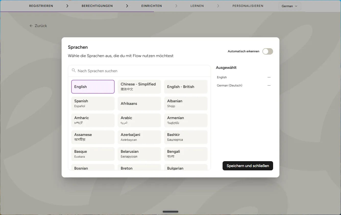 Sprachauswahl im deutschen Wispr-Flow-Setup. In der Spalte Ausgewählt stehen English und German (Deutsch), oben rechts lässt sich Automatisch erkennen abschalten