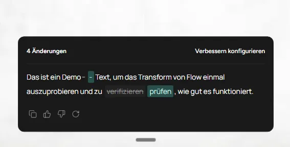 Änderungsansicht von Wispr Flow auf Deutsch: „4 Änderungen“, im Text ist „verifizieren“ durchgestrichen und durch „prüfen“ ersetzt