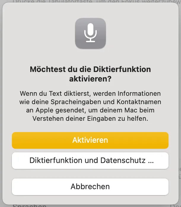 Aktivierungsdialog mit dem Hinweis, dass beim Diktieren Informationen wie Spracheingaben und Kontaktnamen an Apple gesendet werden