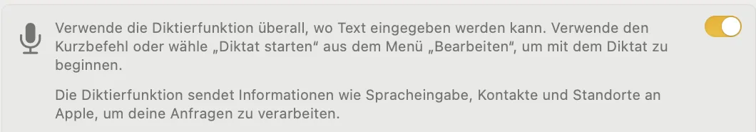 Einstellungsbereich Diktierfunktion mit Hinweistext, Sprachen, Mikrofonquelle und Kurzbefehl, ohne eine Option für erweiterte Diktierfunktion