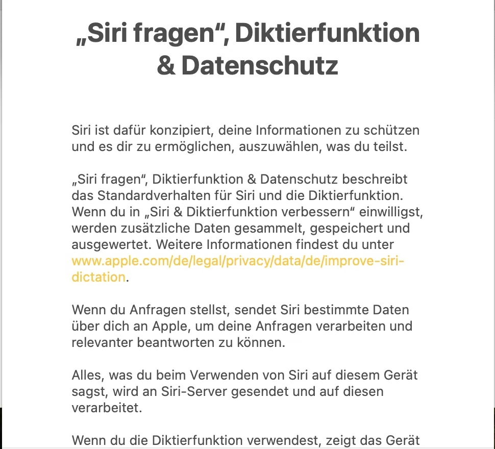 Systemfenster Siri fragen, Diktierfunktion und Datenschutz mit Apples Erklärungstext und einem Link auf die Seite zur Verbesserungsoption