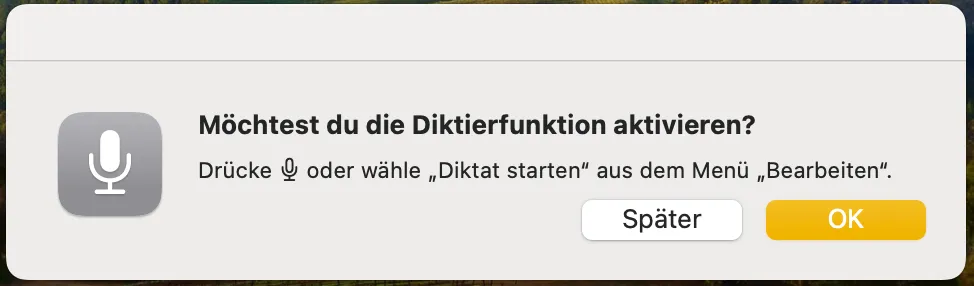 Fenster mit der Frage, ob die Diktierfunktion aktiviert werden soll, und den Schaltflächen Später und OK
