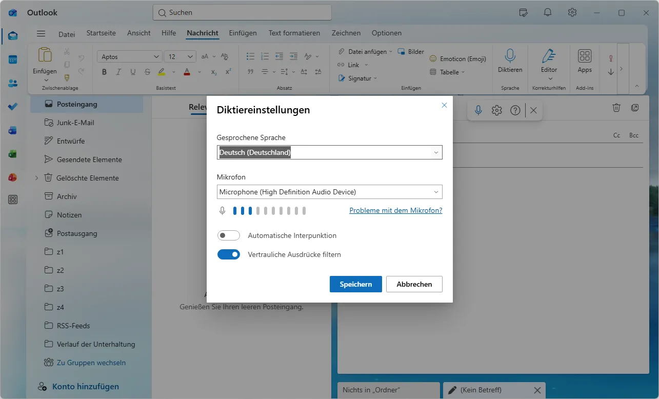 Dialog Diktiereinstellungen in Outlook mit gesprochener Sprache Deutsch Deutschland, Mikrofonauswahl mit Pegelanzeige, ausgeschalteter automatischer Interpunktion und eingeschaltetem Filter fuer vertrauliche Ausdruecke