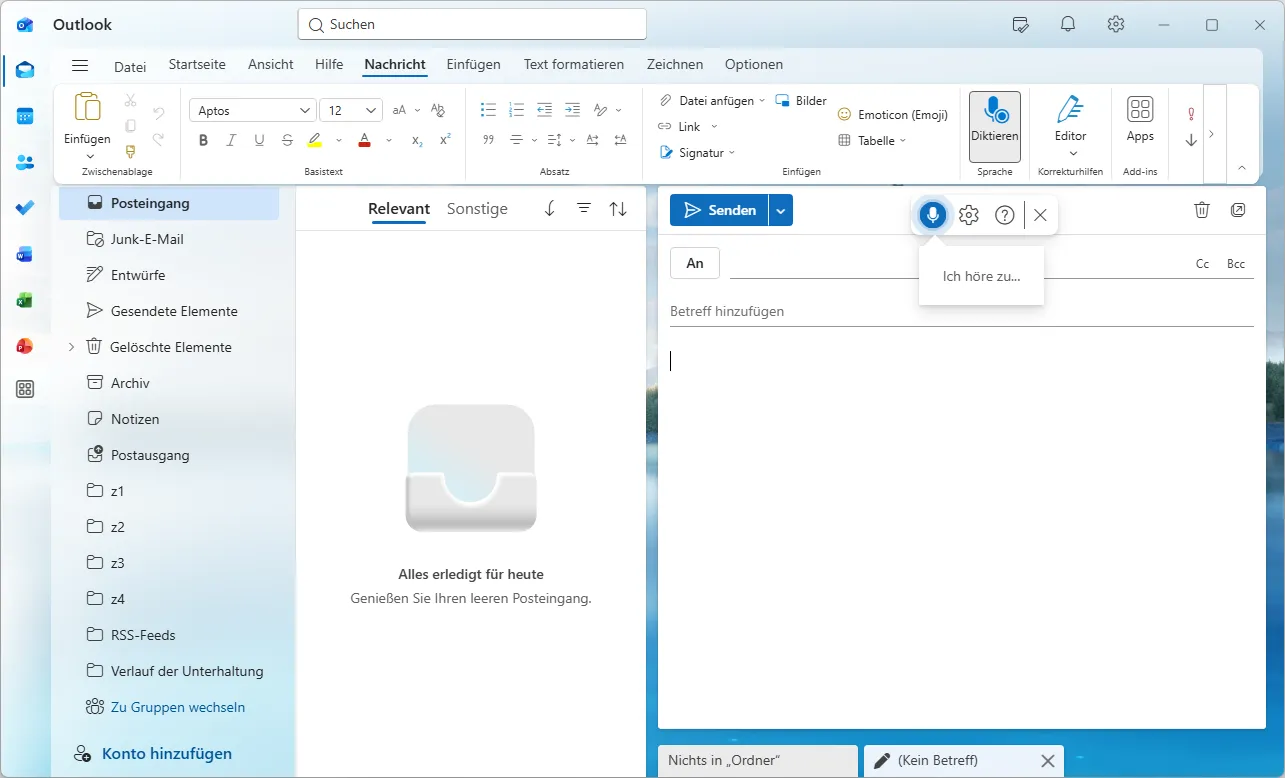 Outlook-Fenster mit neuer E-Mail, aktivem Diktieren-Knopf im Menueband und der eingeblendeten Diktierleiste mit dem Hinweis Ich hoere zu