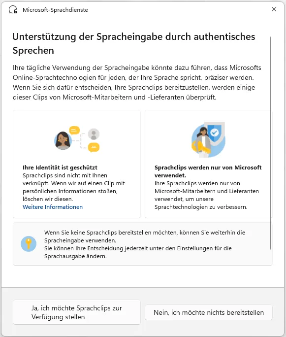 Fenster „Microsoft-Sprachdienste" mit der Überschrift „Unterstützung der Spracheingabe durch authentisches Sprechen". Zwei Kacheln erklären, dass die Identität geschützt ist und Sprachclips nur von Microsoft verwendet werden. Unten die beiden Schaltflächen „Ja, ich möchte Sprachclips zur Verfügung stellen" und „Nein, ich möchte nichts bereitstellen"