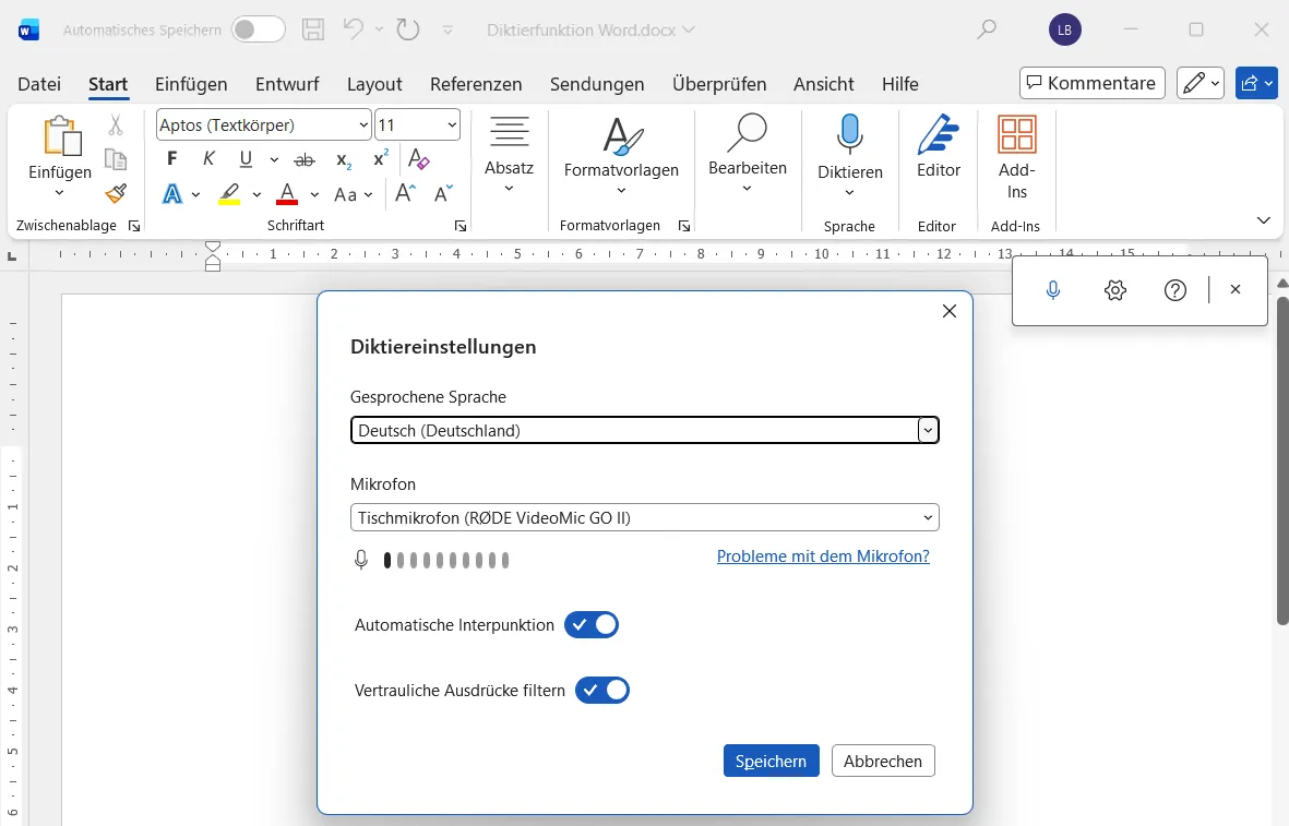 Dialog Diktiereinstellungen in Word mit gesprochener Sprache Deutsch (Deutschland), Mikrofonauswahl mit Pegelanzeige, eingeschalteter automatischer Interpunktion und eingeschaltetem Filter für vertrauliche Ausdrücke