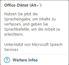 Tooltip über der Schaltfläche Diktieren in Word: Office-Diktat mit Alt und Gravis-Zeichen, Nutzen Sie jetzt die Spracheingabe, unterstützt von Microsoft Speech Services