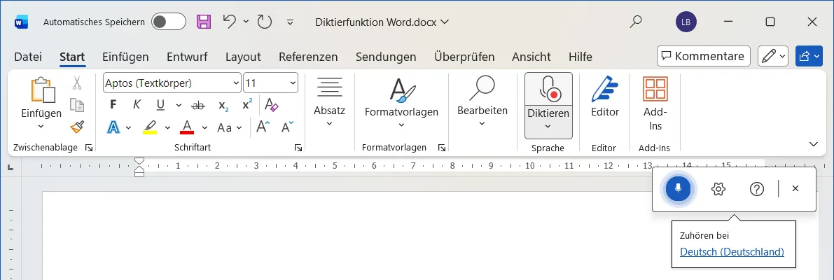 Word mit leerem Dokument, aktiver Schaltfläche Diktieren auf der Registerkarte Start und der Diktierleiste mit dem Hinweis Zuhören bei Deutsch (Deutschland)